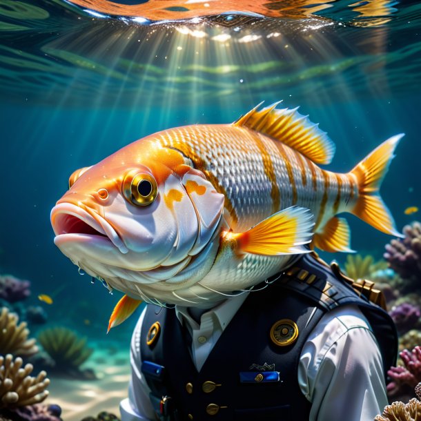 Picture of a fish in a vest in the water