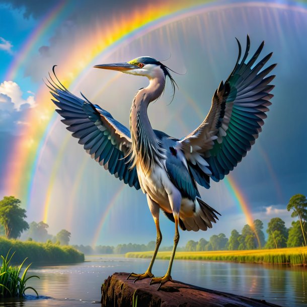 Pic of a dancing of a heron on the rainbow