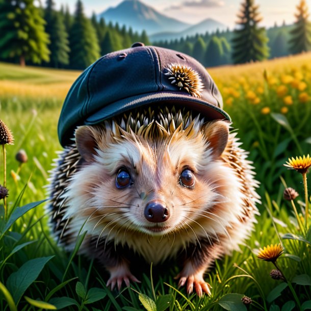 Photo d'un hérisson dans une casquette dans la prairie