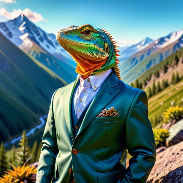 Photo of a lizard in a jacket in the mountains