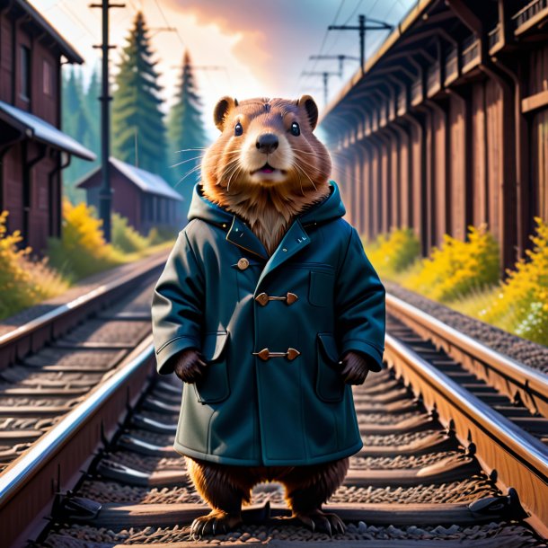 Picture of a beaver in a coat on the railway tracks