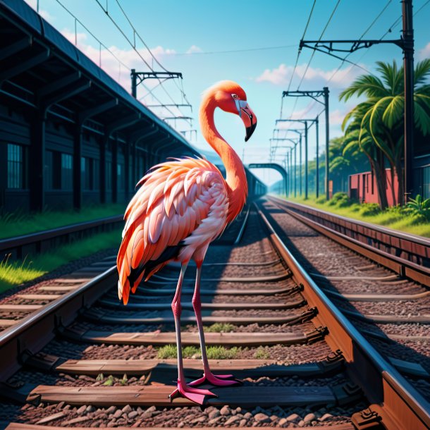 Illustration of a flamingo in a hoodie on the railway tracks