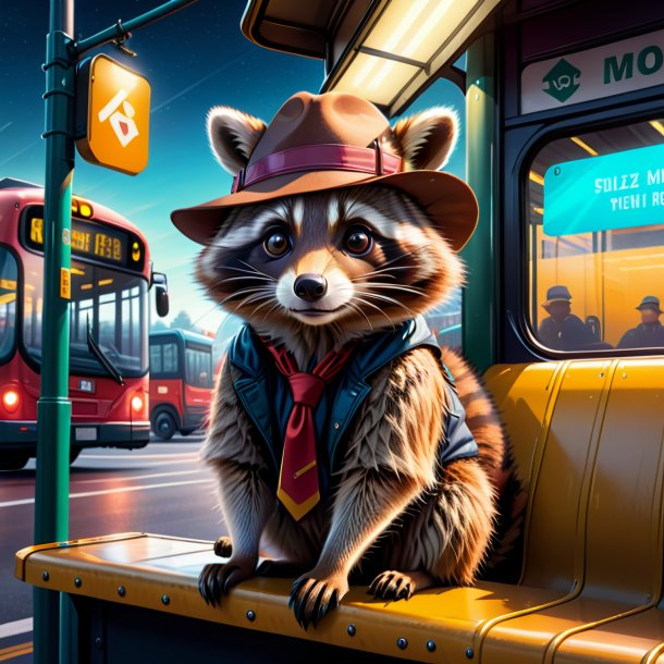 Ilustração de um guaxinim em um chapéu no ponto de ônibus