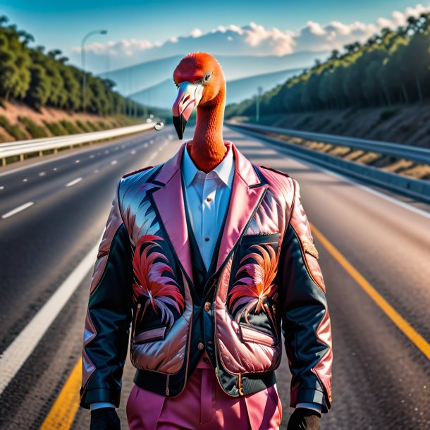 Foto de un flamenco en una chaqueta en la carretera