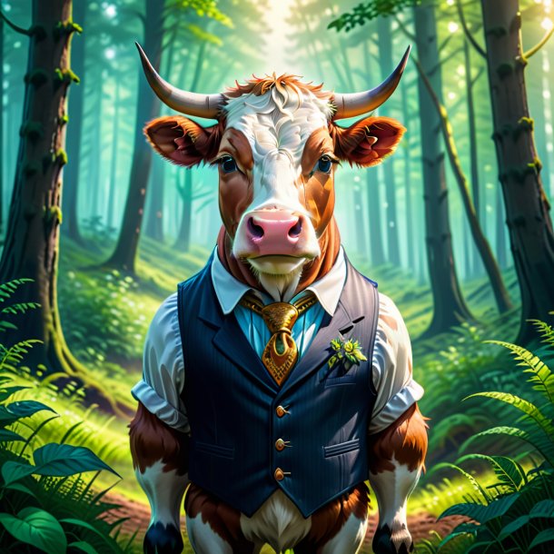 Ilustração de uma vaca em um colete na floresta