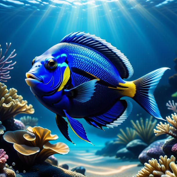 Illustration of a blue tang in a jeans in the water