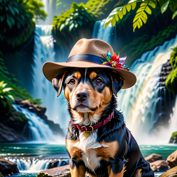 Foto de um cão em um chapéu na cachoeira