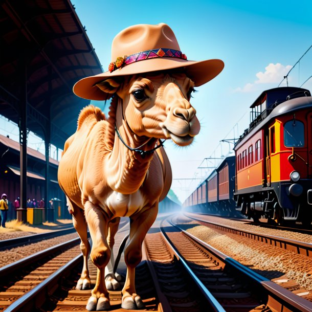 Drawing of a camel in a hat on the railway tracks