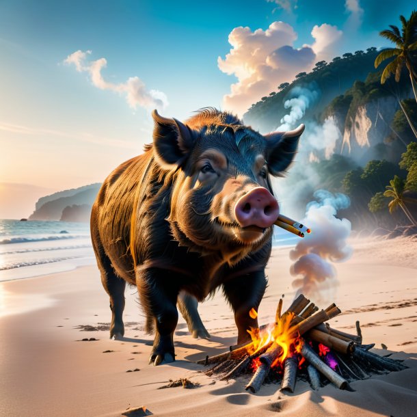 Photo of a smoking of a boar on the beach