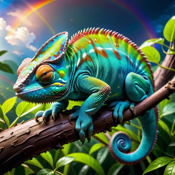 Photo of a sleeping of a chameleon on the rainbow