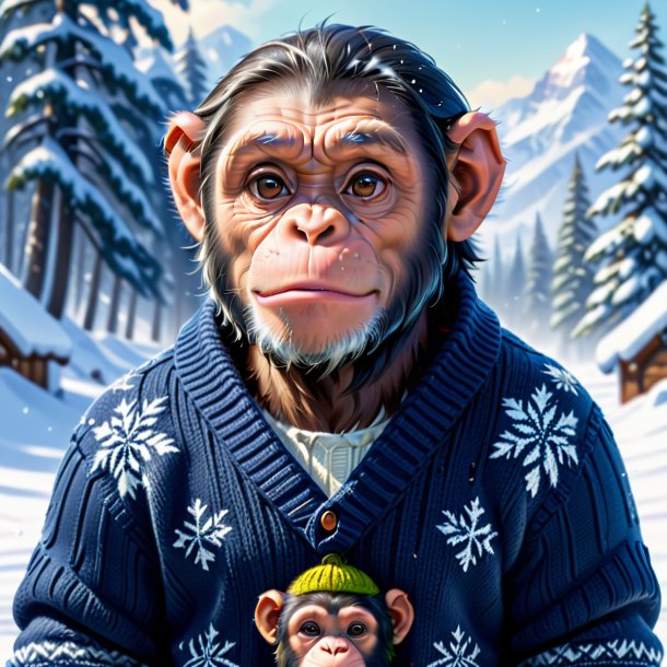 Illustration of a chimpanzee in a sweater in the snow