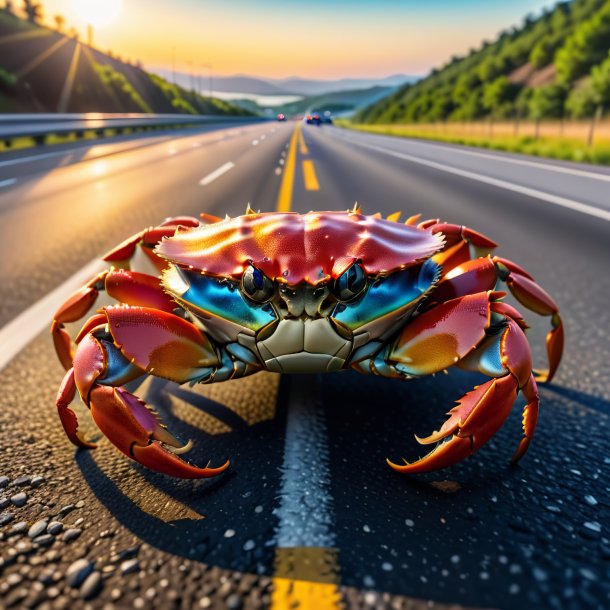 Pic of a crab in a belt on the highway