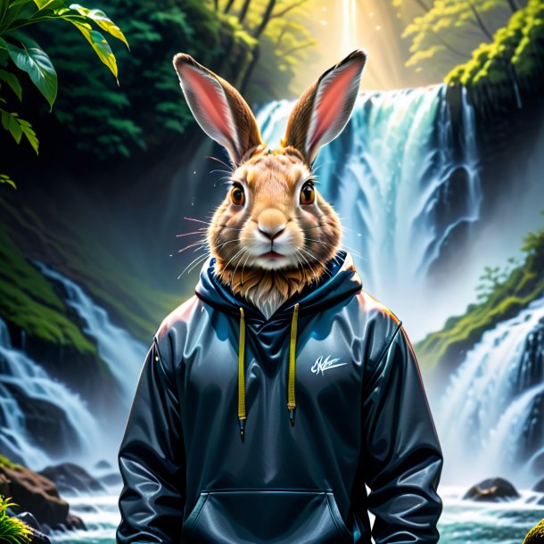 Imagem de uma lebre em um hoodie na cachoeira