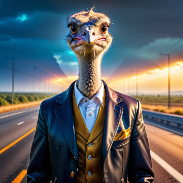 Photo of a ostrich in a jacket on the highway