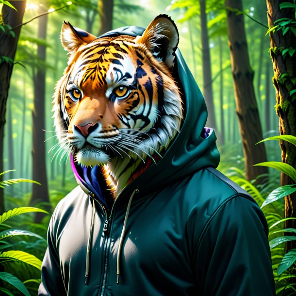 Image of a tiger in a hoodie in the forest