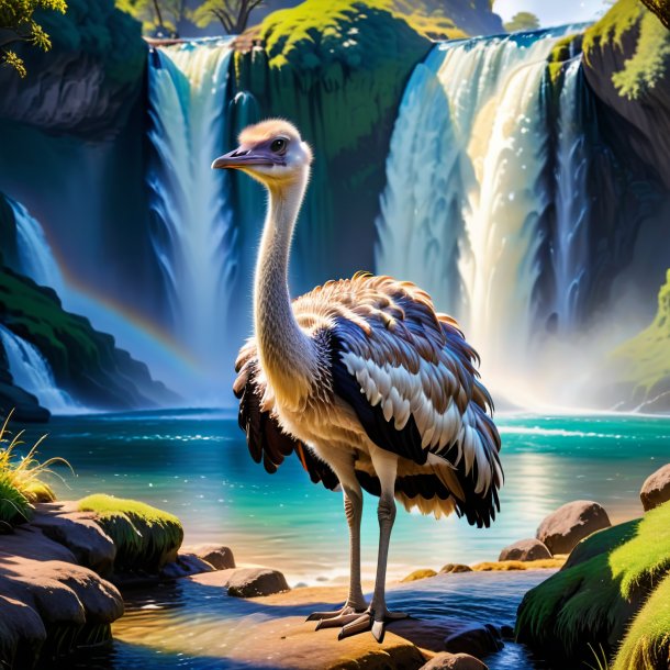 Pic of a ostrich in a dress in the waterfall