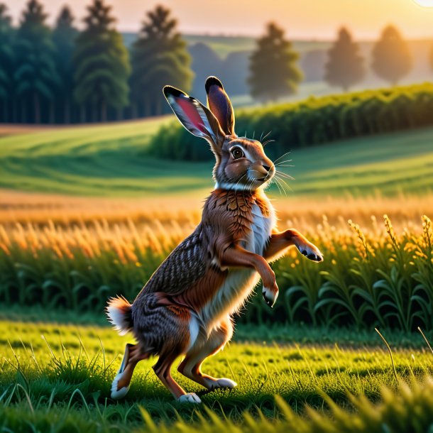 Image of a dancing of a hare on the field