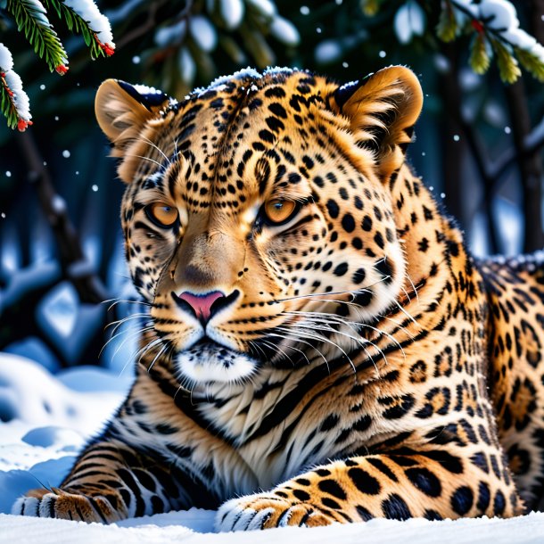 Photo of a sleeping of a leopard in the snow