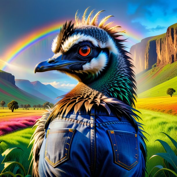 Foto de un emu en un jeans en el arco iris