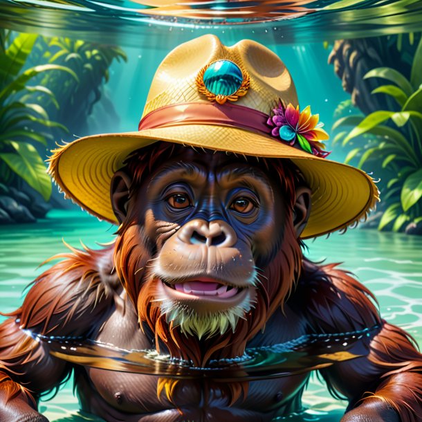 Illustration of a orangutan in a hat in the water