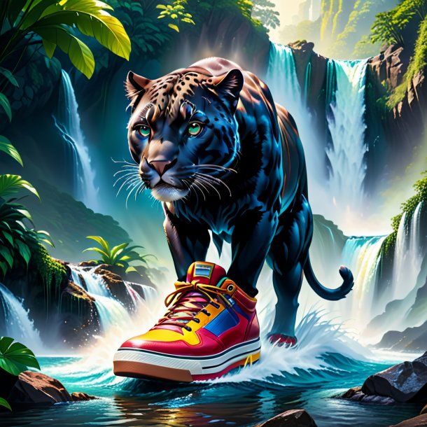 Illustration of a panther in a shoes in the waterfall