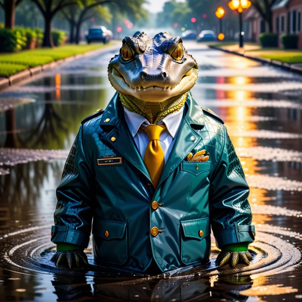 Photo of a alligator in a jacket in the puddle