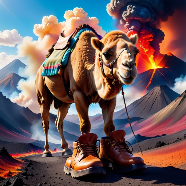 Photo of a camel in a shoes in the volcano