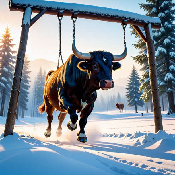 Picture of a swinging on a swing of a bull in the snow