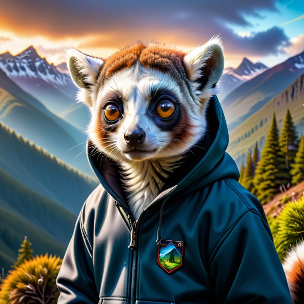 Photo of a lemur in a hoodie in the mountains