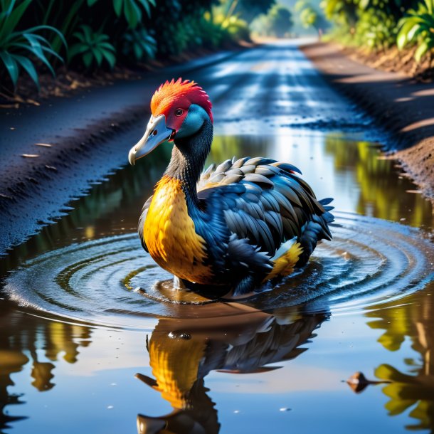 Photo of a swimming of a dodo in the puddle