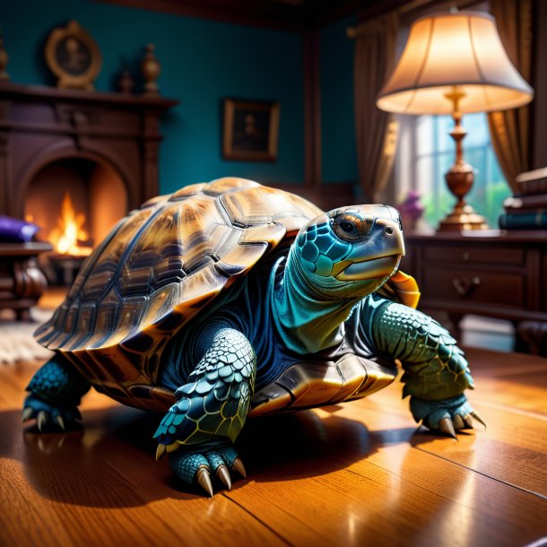 Photo of a tortoise in a gloves in the house