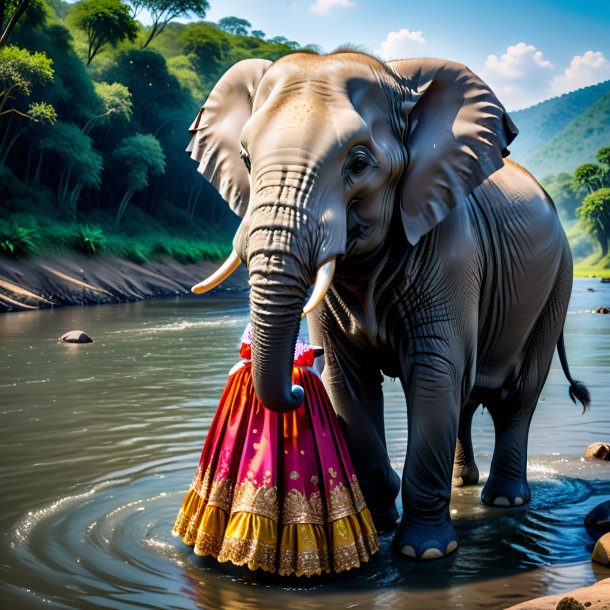 Retrato de um elefante em um vestido no rio