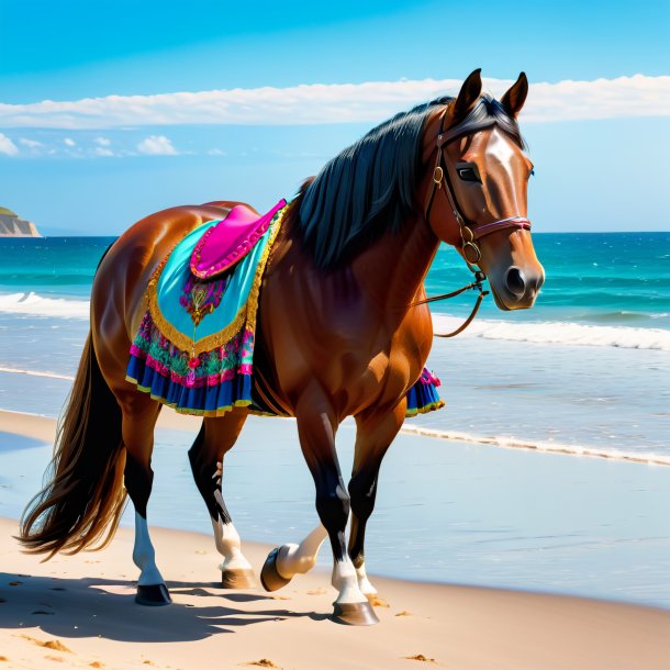 Picture of a horse in a skirt on the beach