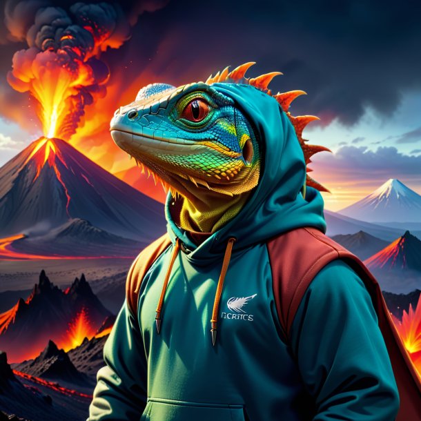 Uma imagem de um lagarto em um hoodie no vulcão