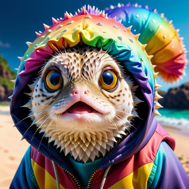 Photo of a pufferfish in a hoodie on the rainbow