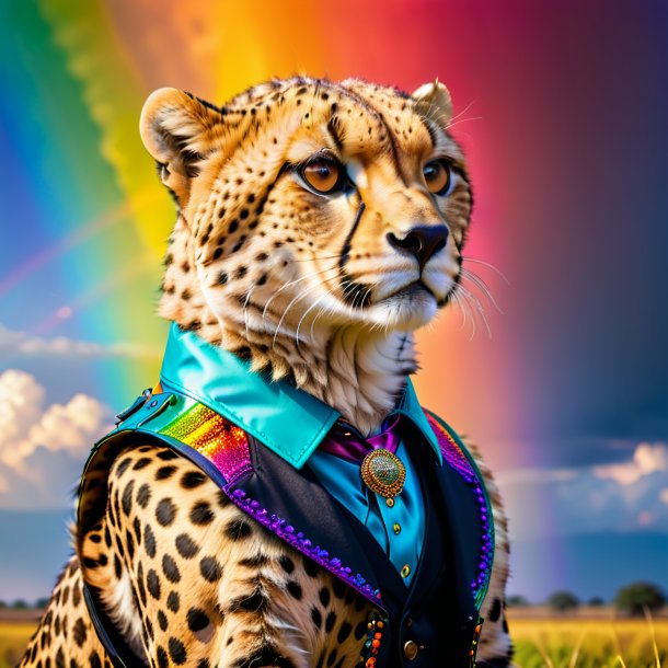 Picture of a cheetah in a vest on the rainbow