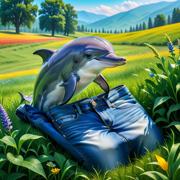 Photo of a dolphin in a jeans in the meadow