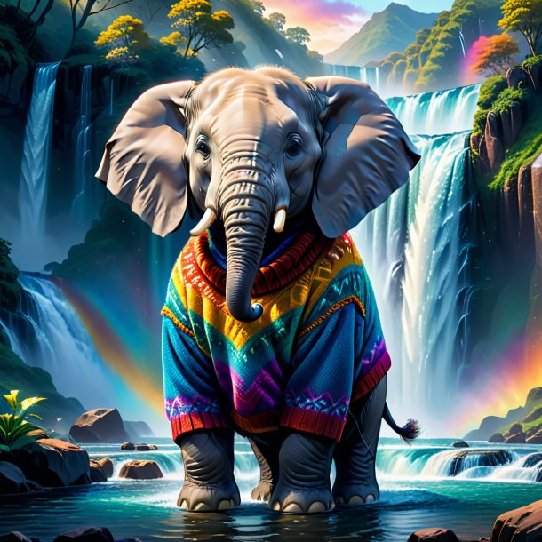 Illustration of a elephant in a sweater in the waterfall