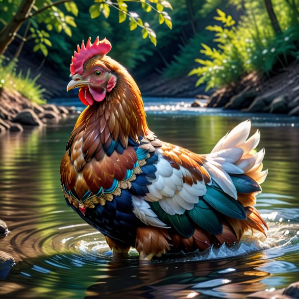 Dibujo de una gallina en un vestido en el río