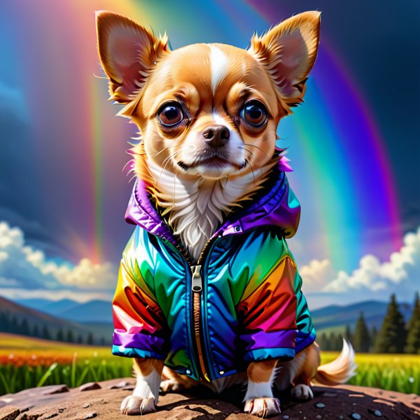 Illustration of a chihuahua in a jacket on the rainbow