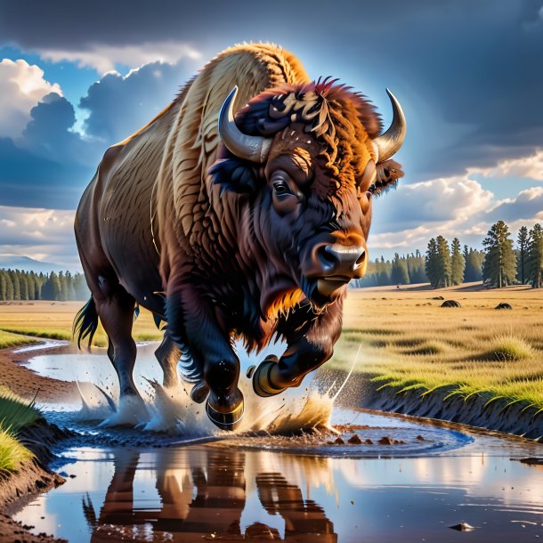 Image of a jumping of a bison in the puddle