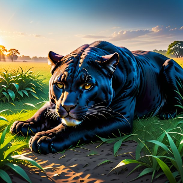 Image of a sleeping of a panther on the field