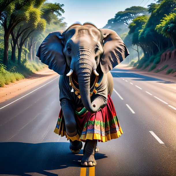 Image of a elephant in a skirt on the road