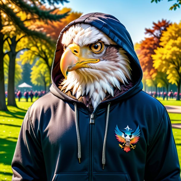 Foto de uma águia em um hoodie no parque