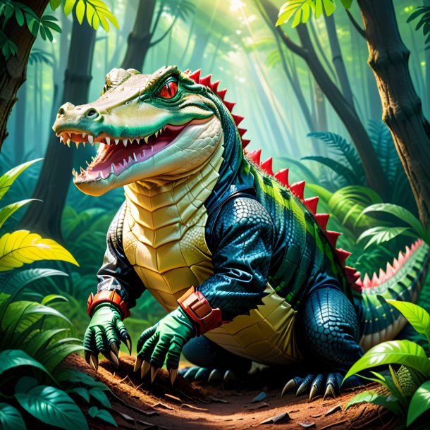 Illustration of a crocodile in a gloves in the forest