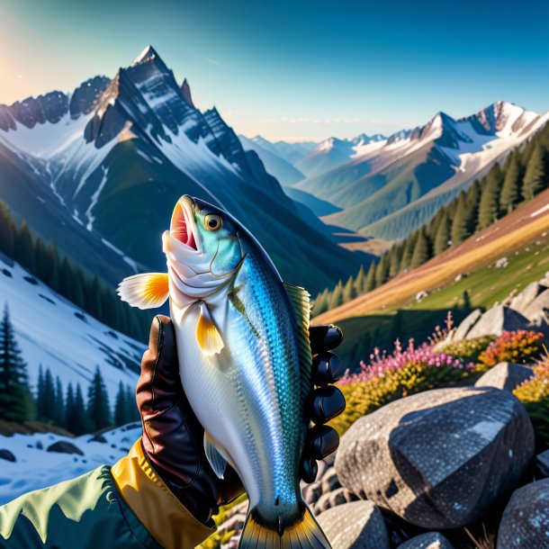 Pic of a haddock in a gloves in the mountains