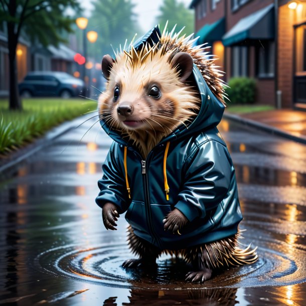 Image of a porcupine in a hoodie in the puddle