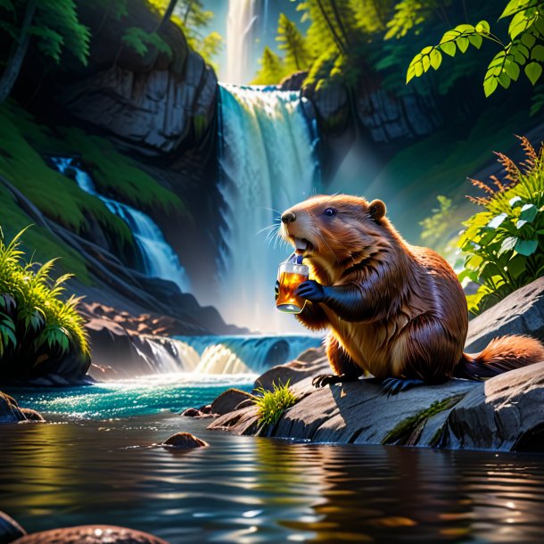 Photo of a drinking of a beaver in the waterfall