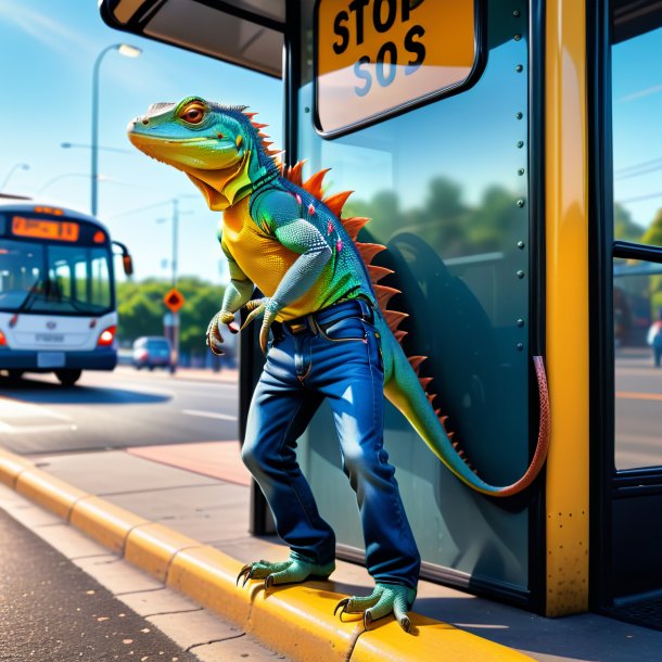 Imagem de um lagarto em um jeans no ponto de ônibus