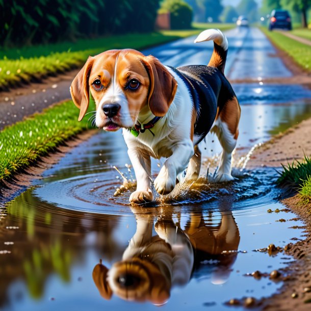 Image of a dancing of a beagle in the puddle